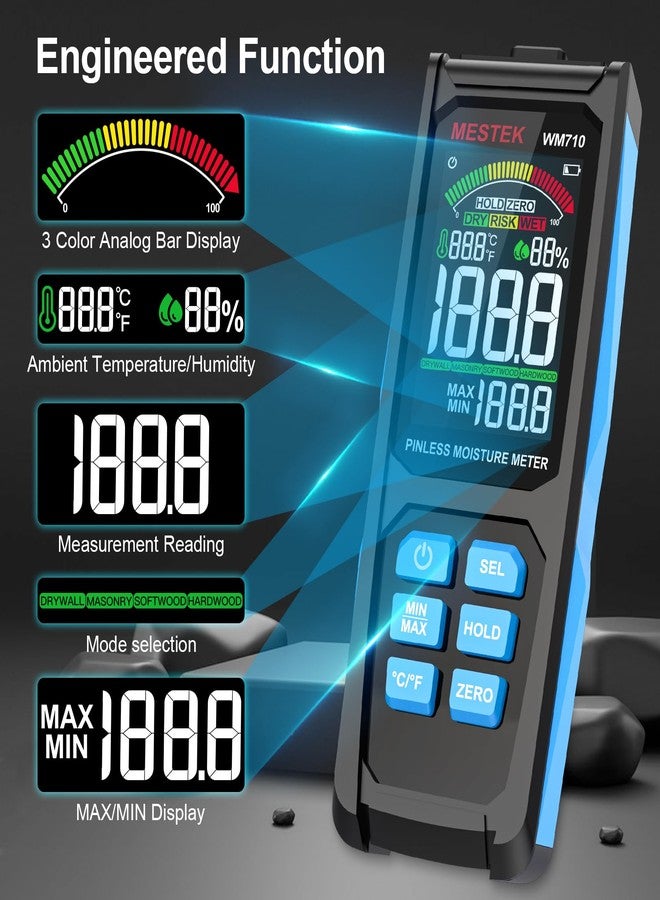 MESTEK Pinless Wood Moisture Meter Drywall Moisture Detector for Lumber Concrete Building with Backlit Color LCD Display -Wall Moisture Sensor Digital Humidity Tester for Firewood - Image 4